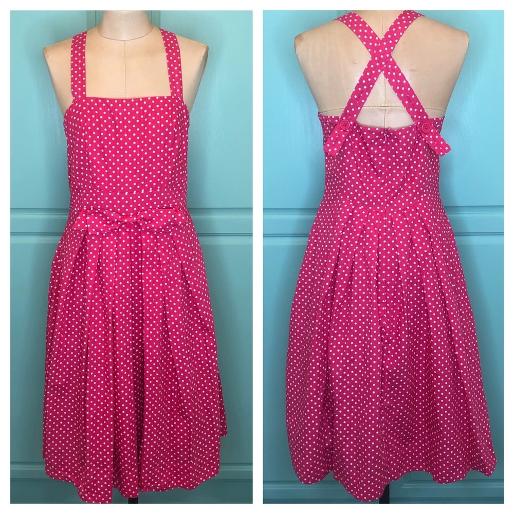 [M] emilyandfin pinkish-red dress with polka dots